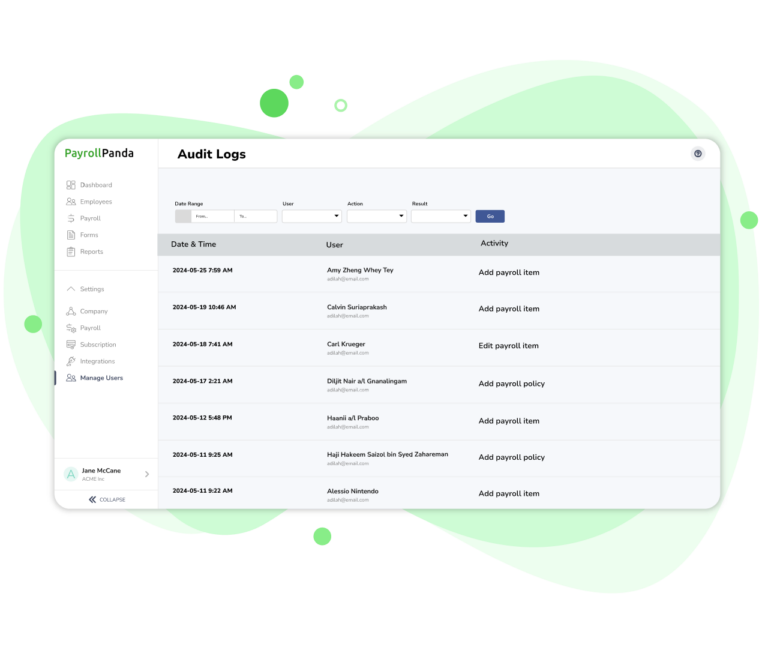 Detailed audit logs on PayrollPanda