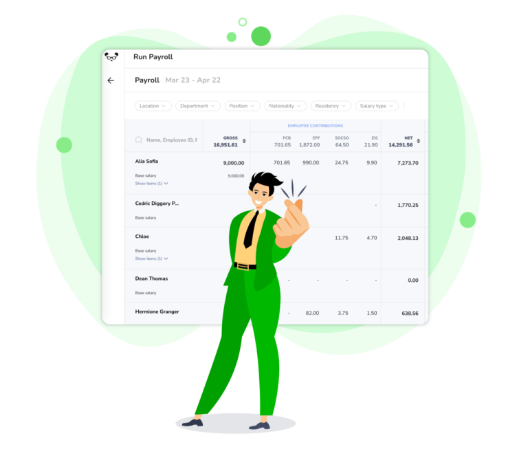 A smiling cartoon guy with a backdrop of PayrollPanda